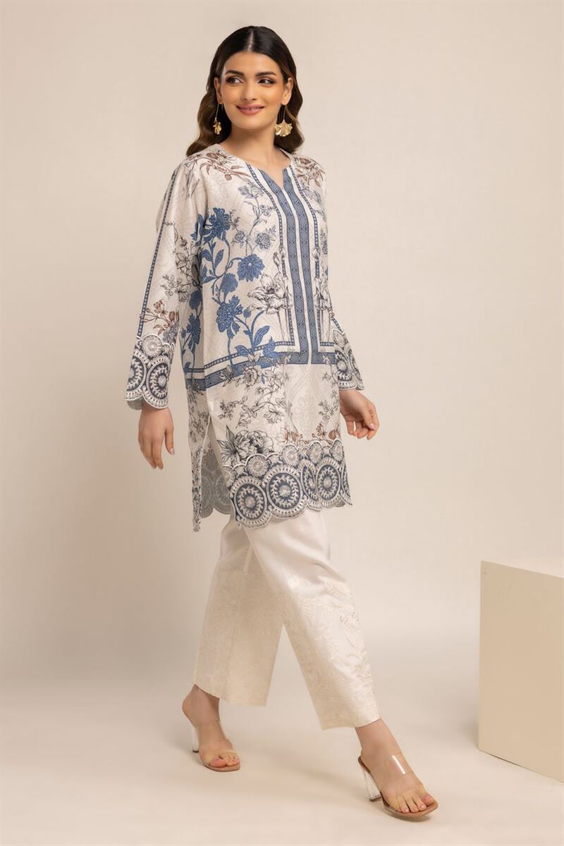 Printed Embroidered Kurta, WHITE, hi-res image number null