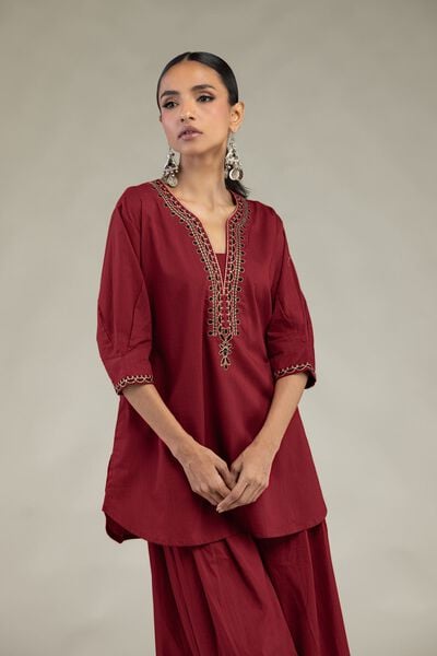 Textured Cotton | Embroidered | V-Neck Cotton Kurta | AED 130.00