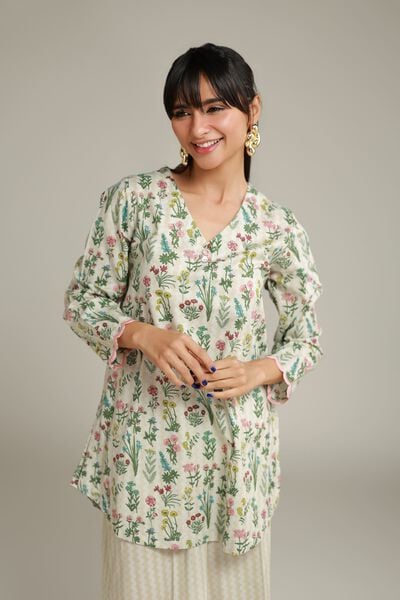 Embroidered | Cotton Dobby | Floral V-Neck Kurta | AED 100.00