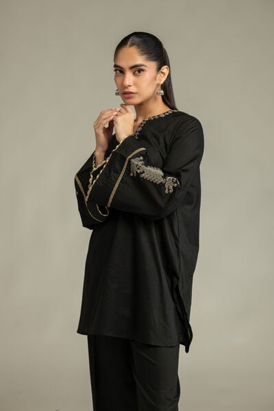 Embroidered | Cambric | V-Neck Black Kurta | AED 180.00