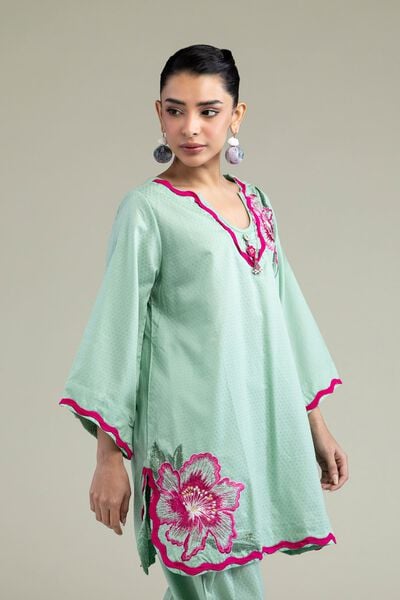 Embroidered | Cotton Dobby | Floral Mint Kurta | AED 180.00