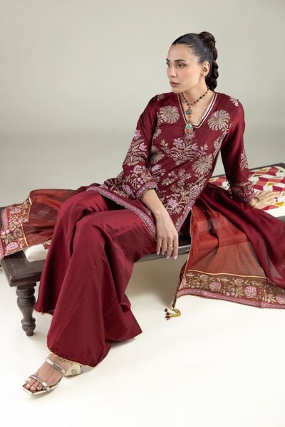 Embroidered | Raw Silk | Floral V-Neck Kurta | AED 125.00