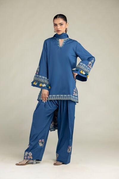 Embroidered | Cambric | Floral Blue Kurta | AED 230.00