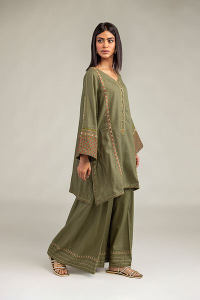 Embroidered | Cotton Dobby | Solid Olive Pants | AED 130.00