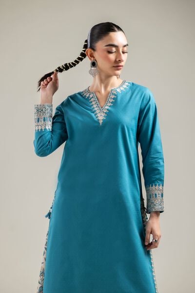 Embroidered |Cotton Dobby | Teal Cotton Kurta | AED 150.00