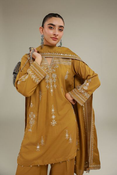 Embroidered | Raw Silk | Geometric V-Neck Kurta | AED 100.00