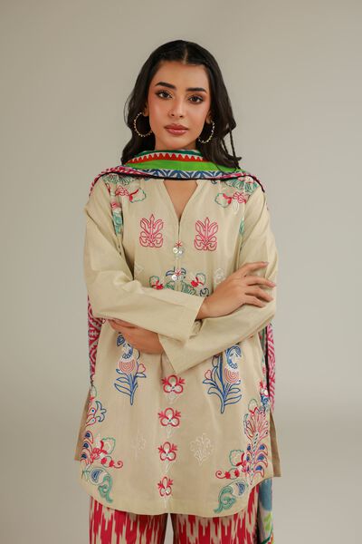 Embroidered | Cotton Dobby | Floral Beige Kurta | AED 130.00