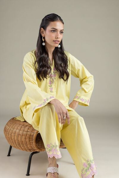 Embroidered | Textured Cambric | Floral V-Neck Kurta | AED 150.00