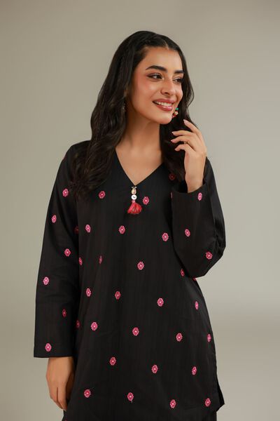 Embroidered | Cotton Dobby | Black V-Neck Kurta | AED 130.00