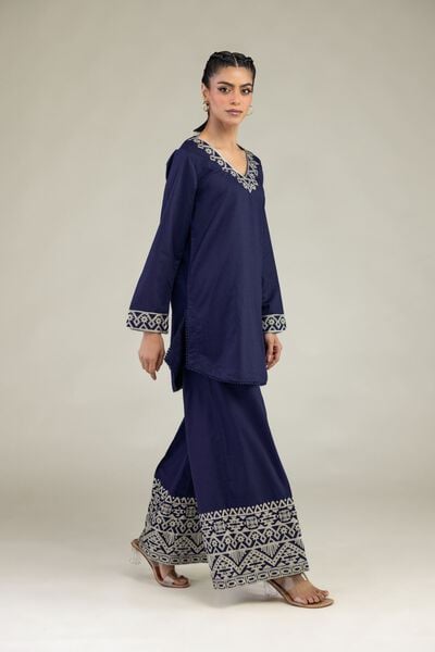 Embroidered | Cotton Dobby | Cotton Navy Pants | AED 180.00