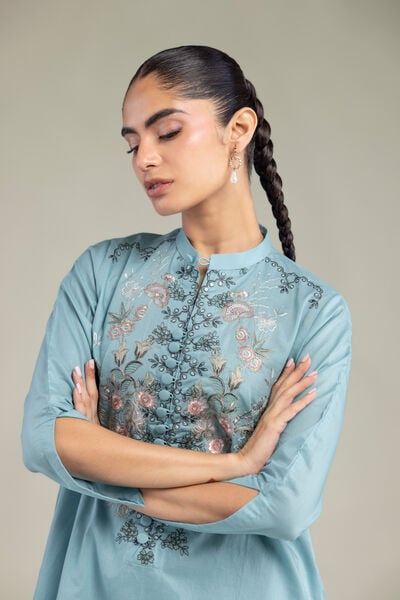 Embroidered | Cambric | Blue Floral Kurta | AED 180.00