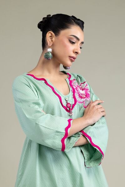 Embroidered | Cotton Dobby | Floral Mint Kurta | AED 180.00