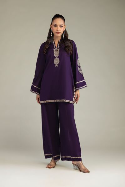 Embroidered | Cambric | Purple Cambric Pants | AED 130.00