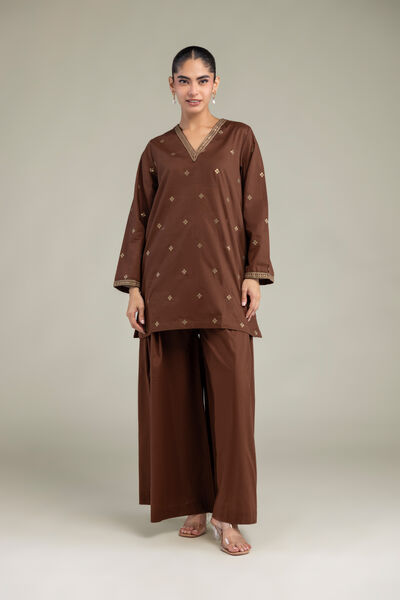 Embroidered | Cambric | Brown Solid Pants | AED 130.00