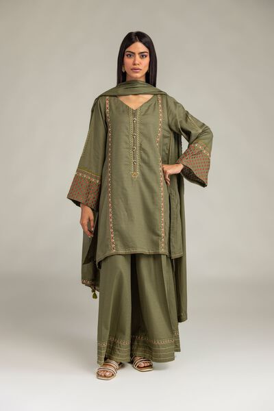 Embroidered | Cotton Dobby | Solid Olive Pants | AED 130.00