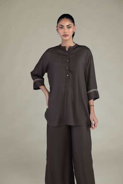 Embroidered | Viscose Crepe | Brown Viscose Shirt | AED 130.00