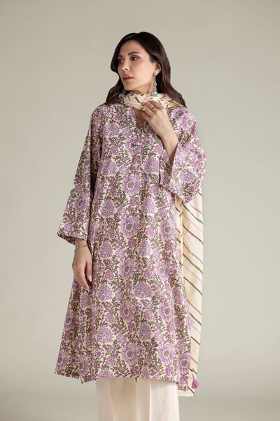 Embroidered | Cambric | Beige V-Neck Kurta | AED 100.00