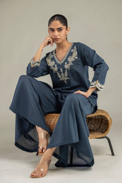 Embroidered | Cambric | Short Navy Kurta | AED 180.00