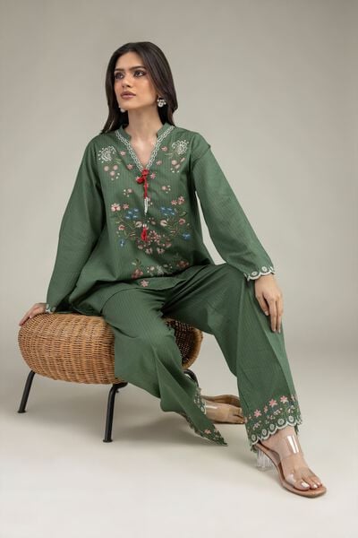 Embroidered | Cotton Dobby | Short Green Kurta | AED 130.00