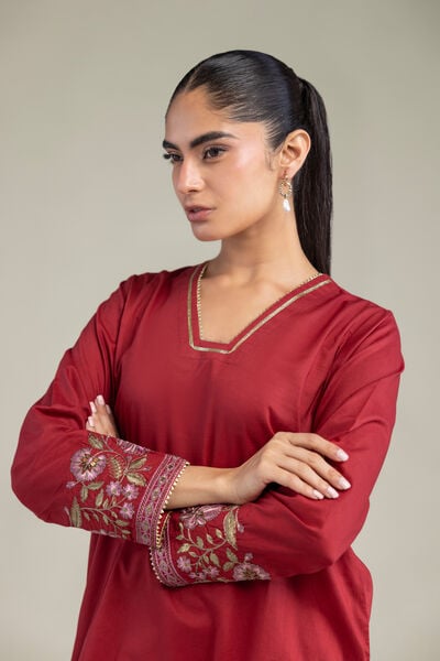 Embroidered | Cambric | Red Floral Kurta | AED 180.00