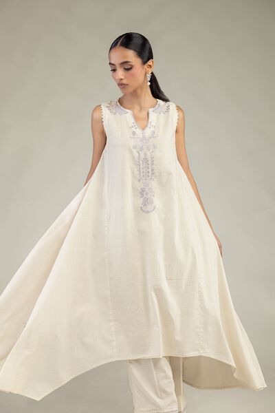Textured Cotton | Embroidered | Floral Sleeveless Kurta | AED 180.00