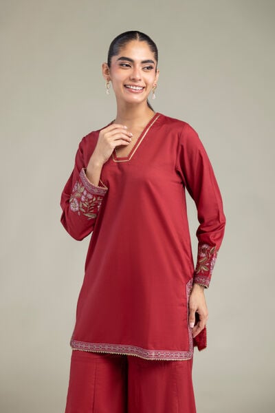 Embroidered | Cambric | Red Floral Kurta | AED 180.00