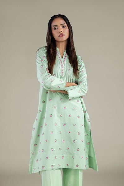 Embroidered | Cotton Dobby | Floral Band-Collar Kurta | AED 150.00