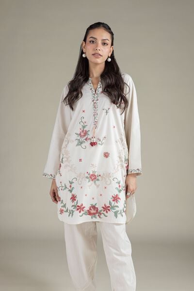 Embroidered | Textured Cambric | Floral V-Neck Kurta | AED 150.00