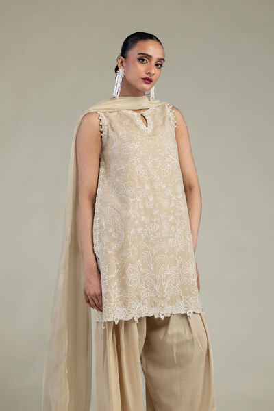 Embroidered | Raw Silk | Beige Sleeveless Kurta | AED 165.00
