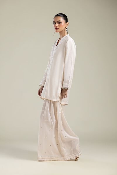 Embroidered | Textured Weave | White Solid Pants | AED 180.00