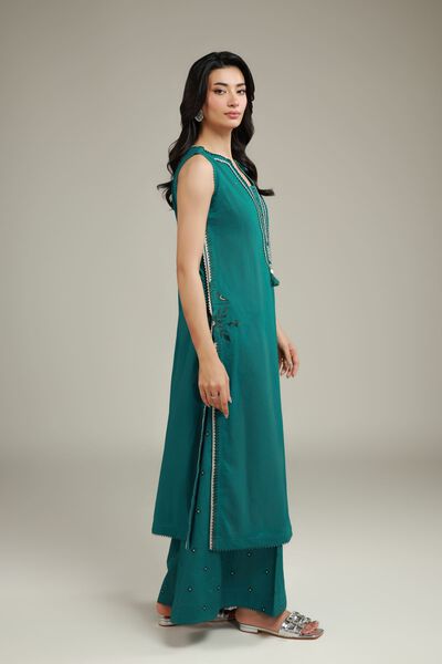 Embroidered | Cambric | Teal Cambric Pants | AED 150.00