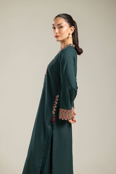 Embroidered | Raw Silk | Green Longline Kurta | AED 60.00