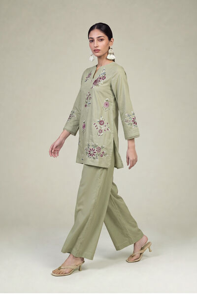Embroidered | Cambric | Solid Olive Pants | AED 130.00