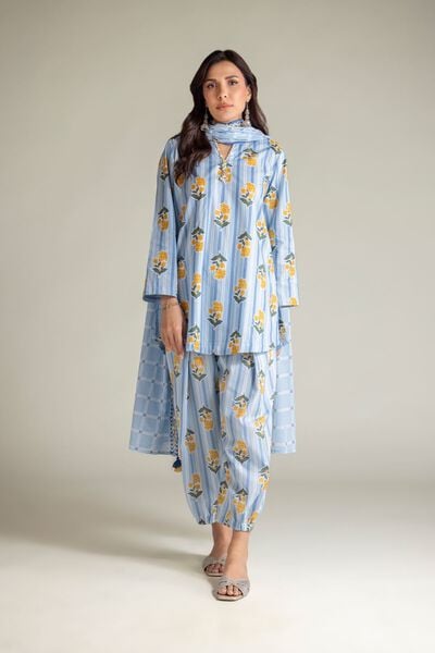 Embroidered | Cambric | Blue V-Neck Kurta | AED 130.00