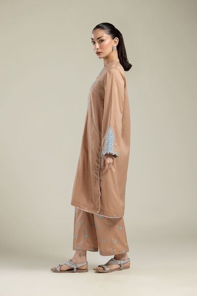 Embroidered | Textured Weave | Floral Brown Pants | AED 100.00