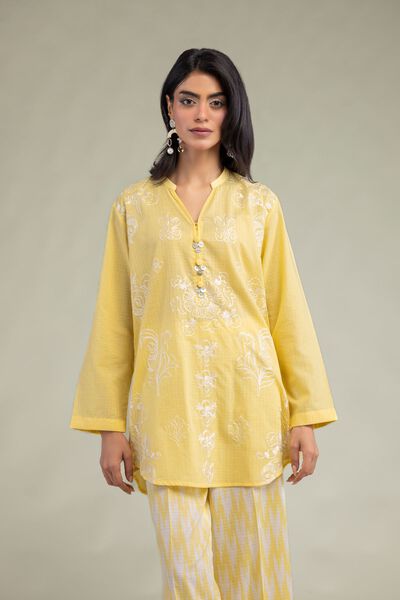 Embroidered | Cotton Dobby | Yellow Floral Kurta | AED 180.00
