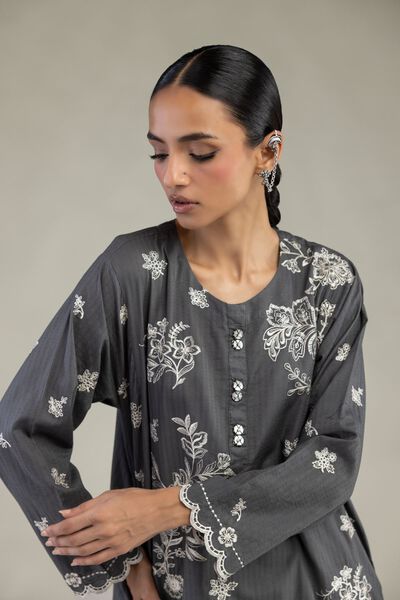 Embroidered | Cotton Dobby | Gray Longline Kurta | AED 230.00