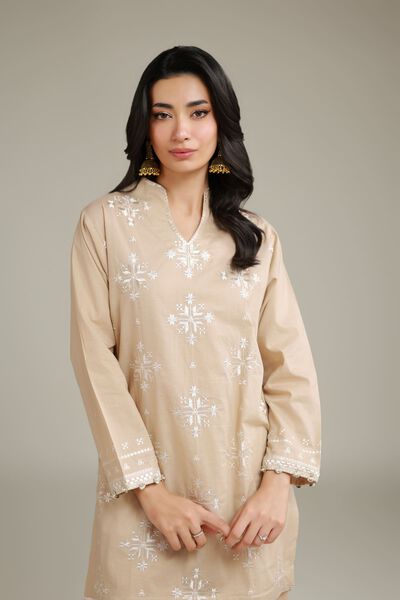 Embroidered | Cambric | Short Beige Kurta | AED 150.00