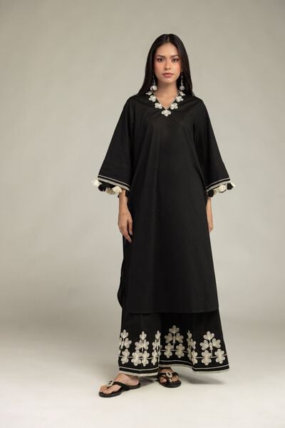 Embroidered | Cotton Dobby | Floral Black Pants | AED 180.00