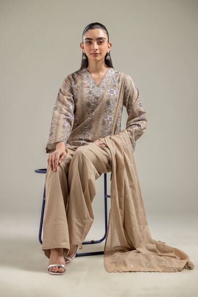 Embroidered | Cotton Dobby | Beige V-Neck Kurta | AED 130.00