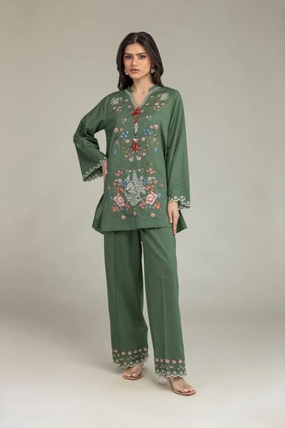 Embroidered | Cotton Dobby | Floral Green Pants | AED 130.00