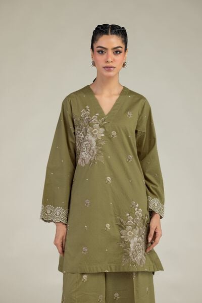Embroidered | Cotton Dobby | Olive V-Neck Kurta | AED 200.00