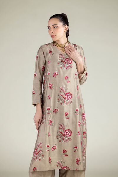 Embroidered | Raw Silk | Floral Longline Kurta | AED 60.00