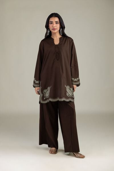 Embroidered | Cambric | Brown Cambric Pants | AED 130.00