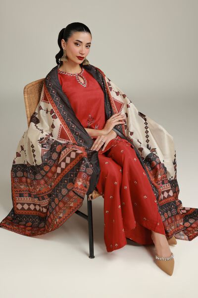 Embroidered | Raw Silk | Printed Rust Kurta | AED 125.00