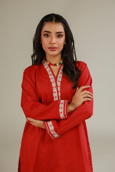 Embroidered | Cotton Dobby | Red Floral Kurta | AED 130.00