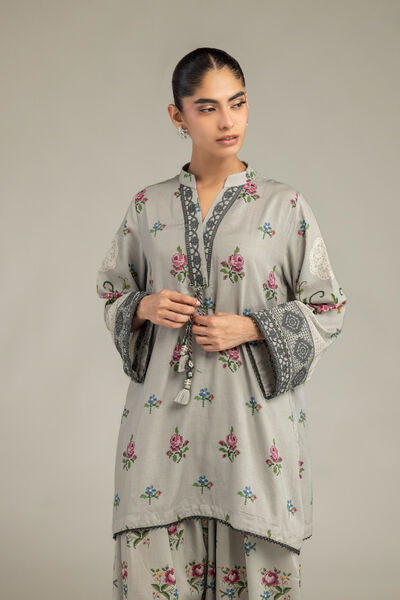 Embroidered | Raw Silk | Floral Gray Kurta | AED 200.00