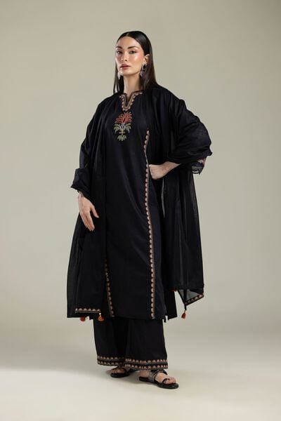 Embroidered |Cotton Dobby | Black Cotton Pants | AED 80.00