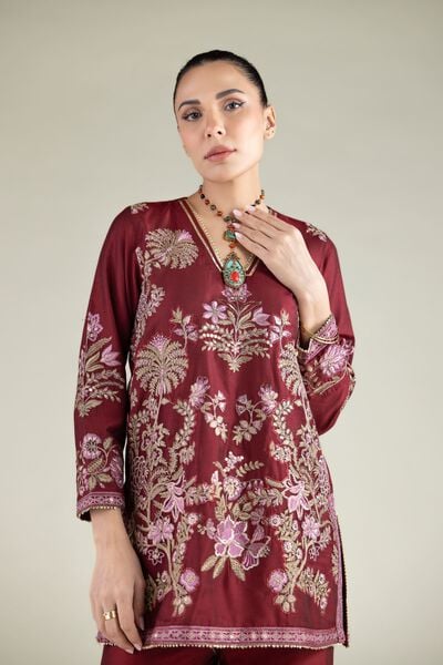 Embroidered | Raw Silk | Floral V-Neck Kurta | AED 125.00