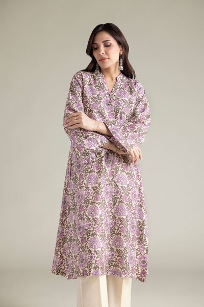 Embroidered | Cambric | Beige V-Neck Kurta | AED 100.00